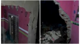 Tembok rumah milik warga yang jebol akibat guyuran hujan.