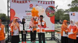 Sekretaris DPD PKS Kabupaten Ciamis, H. Ade Amran saat memberikan sambutan di Lomba Senam Go PKS Go.