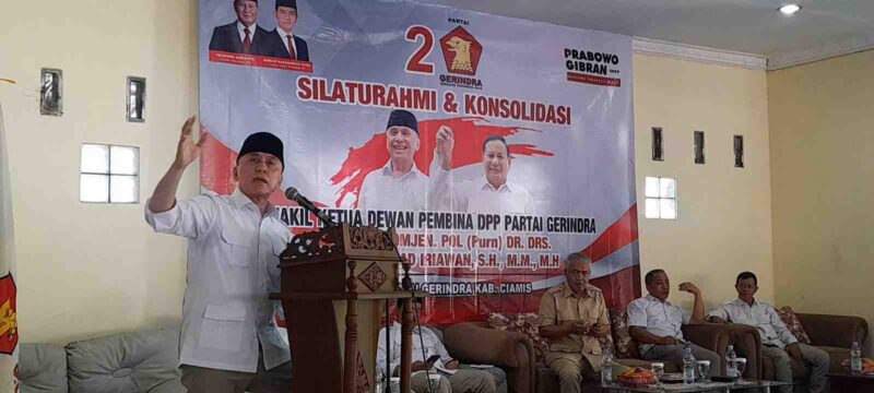 Iwan Bule saat menghadiri Silaturahmi dan Konsolidasi Partai Gerindra di RM Sukasenang Cijeunjing Ciamis, Minggu (26/11/2023).