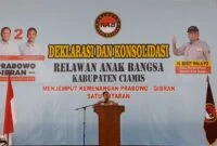 Ketua Umum Relawan Anak Bangsa (RAB), Agus Winarno saat memberikan sambutan di agenda Deklarasi dan Konsolidasi di Gedung Irfan Hielmy Islamic Center Ciamis, Rabu (17/1/2023).