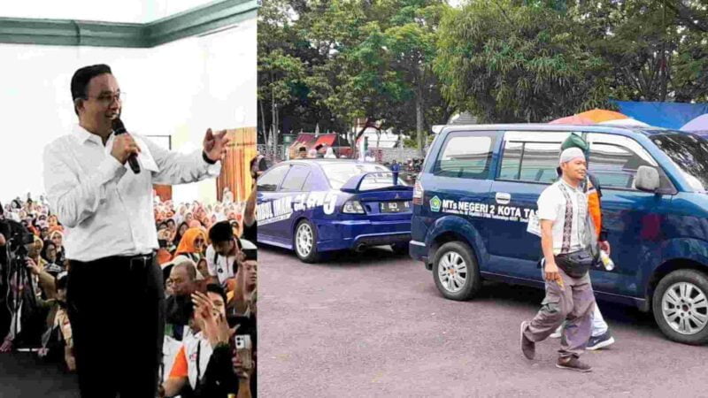 Kendaraan berlogo MTs Negeri 2 Kota Tasik terparkir dihalaman Islamic Center Ciamis ketika kegiatan Kampanye Terbatas Anies Baswedan  berlangsung.