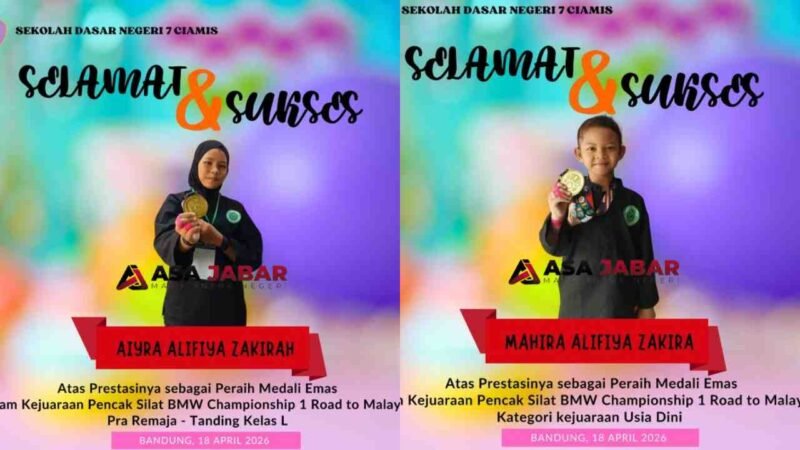 Dua siswi SDN 7 Ciamis sukses menyabet medali emas dalam Kejuaraan Pencak Silat BMW Championship 1 Road to Malaysia kategori usia dini yang digelar di Bandung, 18 April 2026.