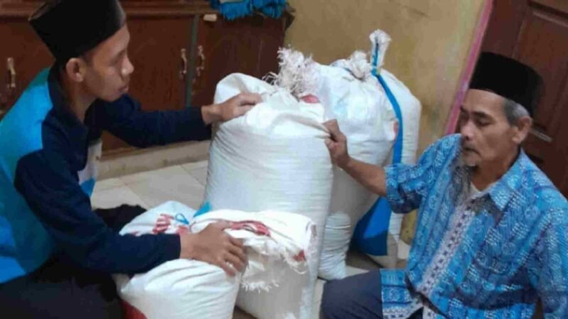 Salah seorang warga desa pawindan tengah menyalurkan zakatnya dengan padi.
